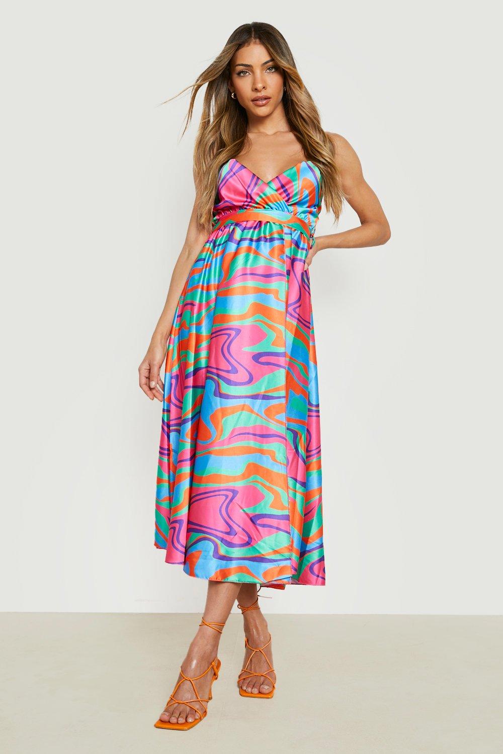 Satin Abstract Wrap Self Belted Midi ...